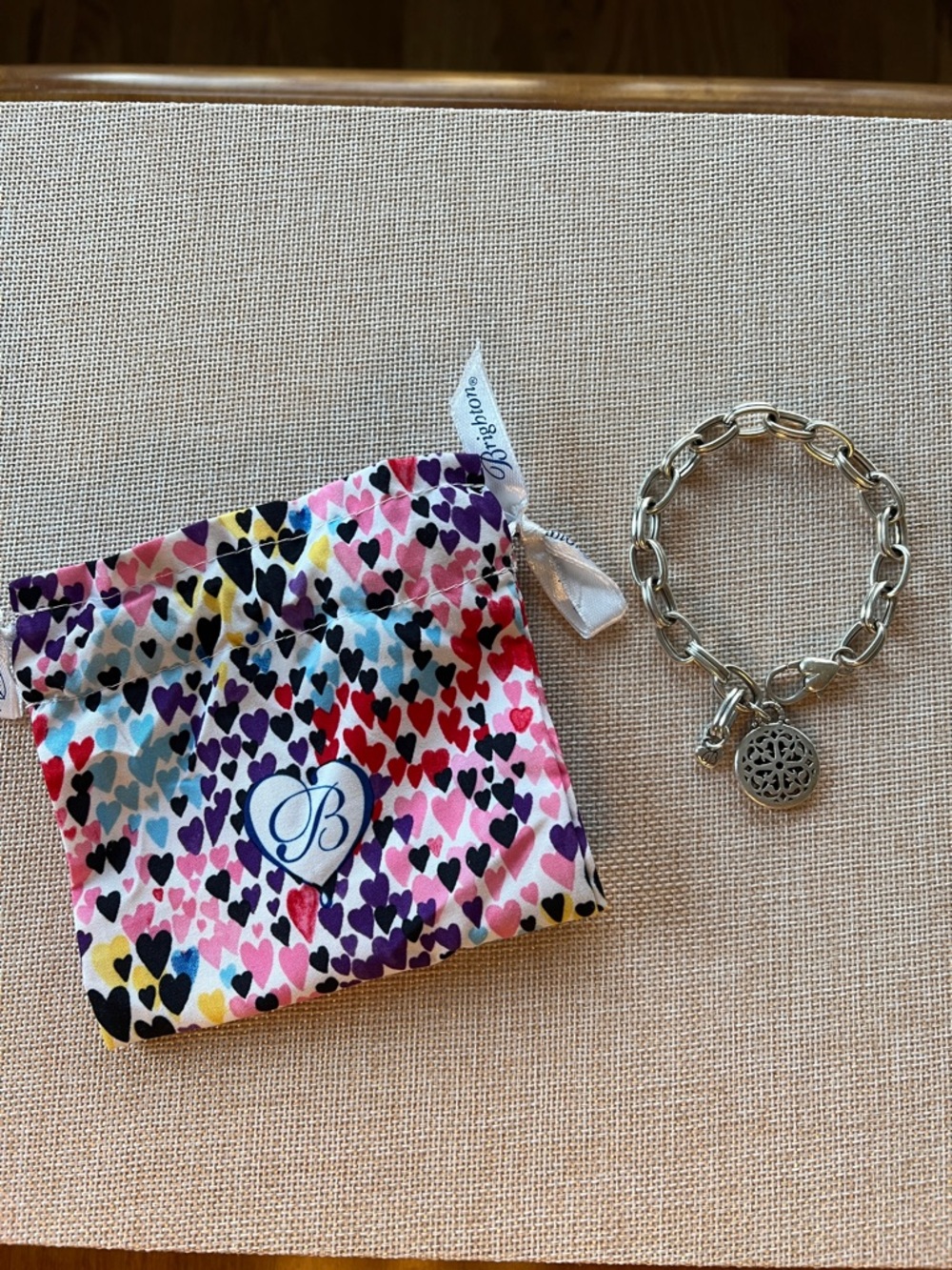 Brighton Silver Link Charm Bracelet with Filigree Pendant and Heart Pouch